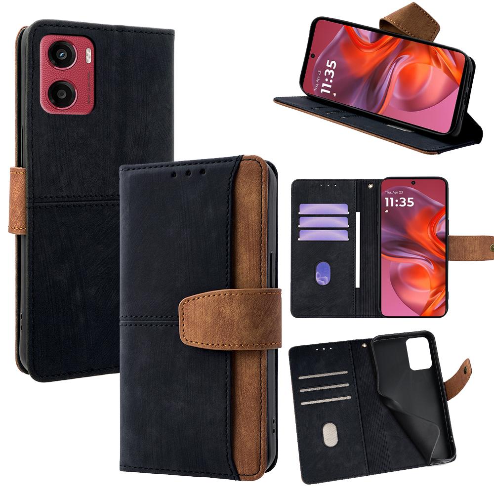 

For Motorola Moto G05 4G Case RFID Blocking Color Splicing PU Leather Wallet Phone Cover Black