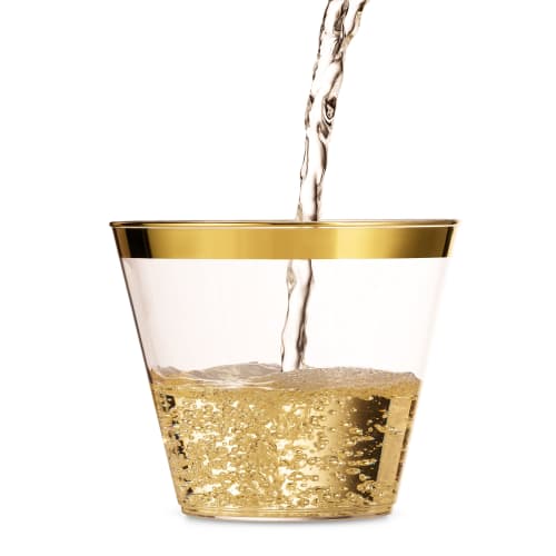 100 9 Oz Gold Plastic Cups, Clear Plastic Cups, Old Fashioned Tumblers, Gold Rimmed Cups, Fancy Disposable Wedding Cups, Elegant Party Cups with Gold