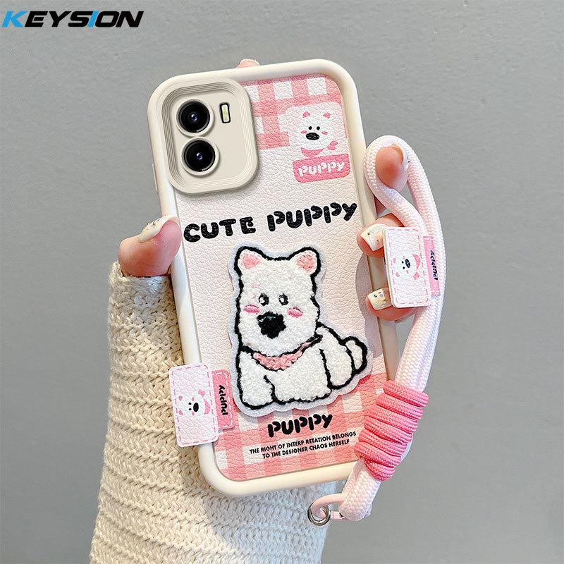 KEYSION Cartoon Cute Plush Embroidery Case for VIVO Y15S Y15A with Lanyard Soft Silicone Shockproof Phone Cover for VIVO Y16 Y01