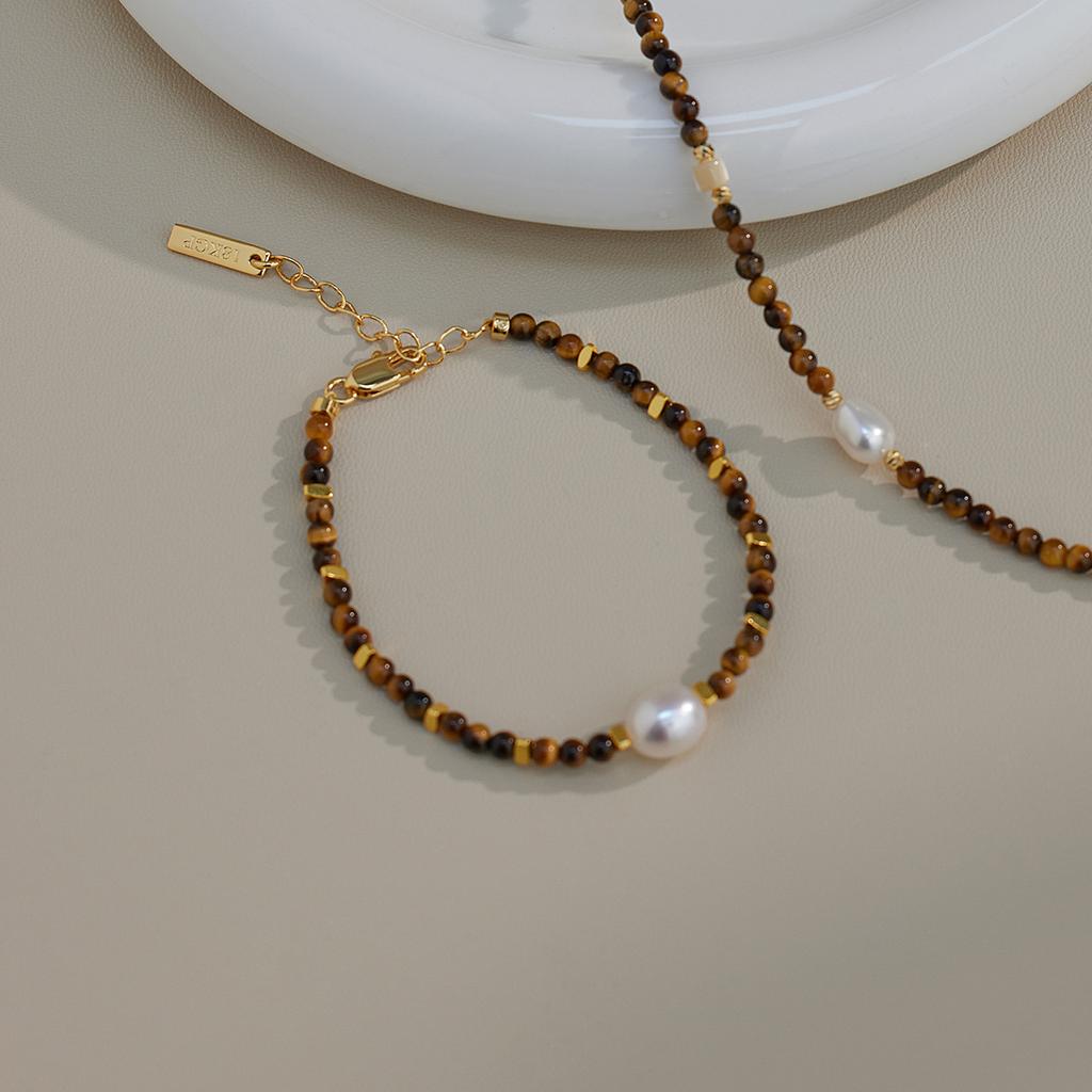 Maillard Tiger'S Eye Stone Freshwater Pearl Necklace Niche Design Necklace Bracelet Autumn And Winter Personality Fritillary Clavicle Chain Women