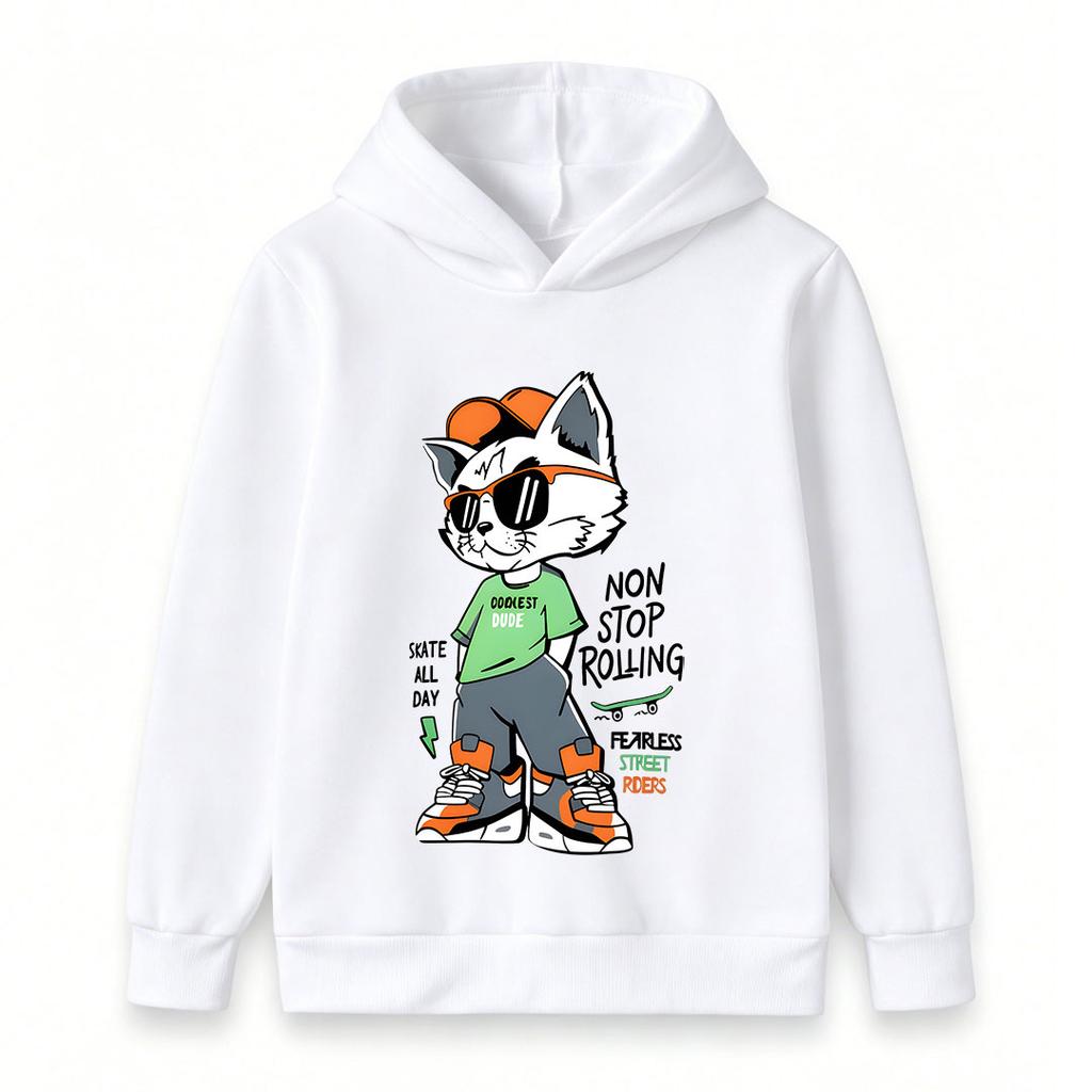 Kids Boys Girls Pullover Hoodie, Cool Hip Hop Cat Cartoon Printed Casual Hooded Sweatshirt, Non Stop Rolling Street Style Comfortable Hoody for Childr