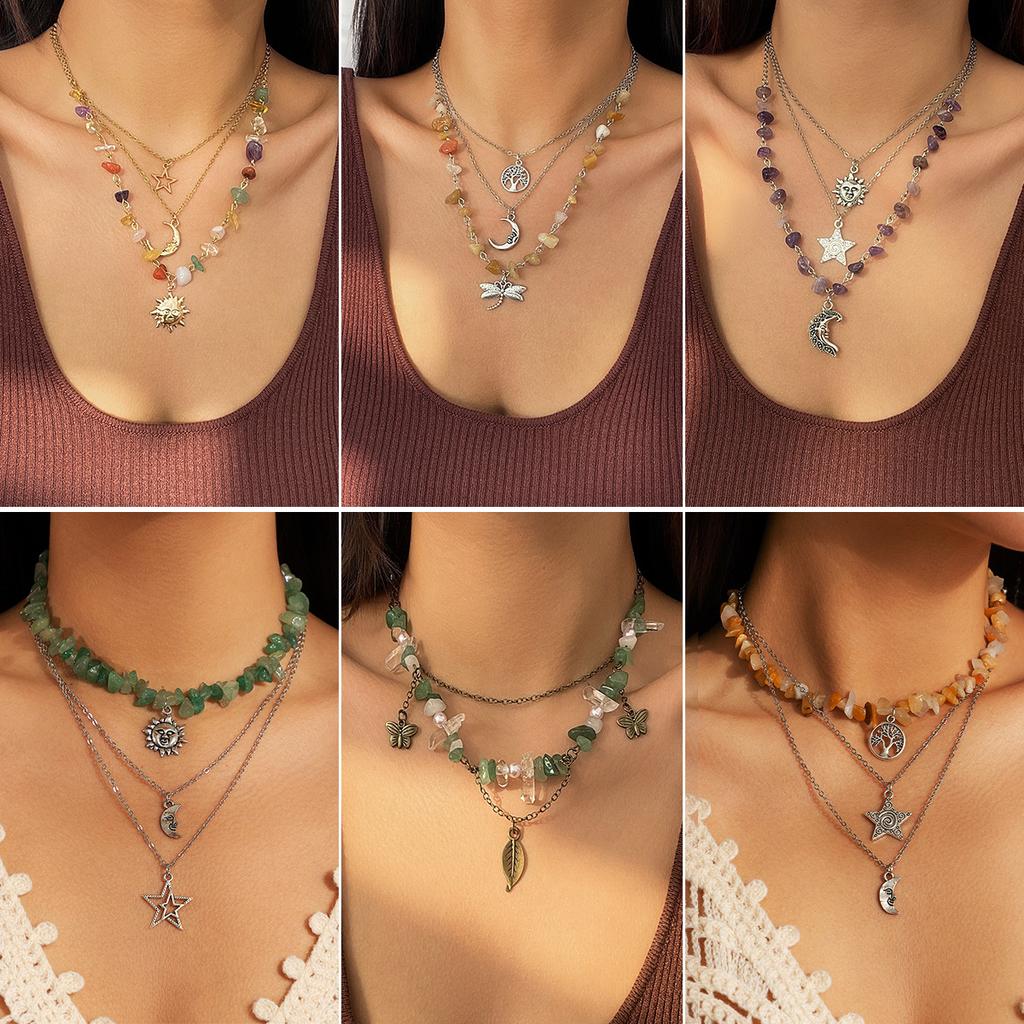 Sweet And Cool Holiday Wind Irregular Gravel Necklace Female Mint Diffuse Wave Wind Moon Pendant Stacked Necklace