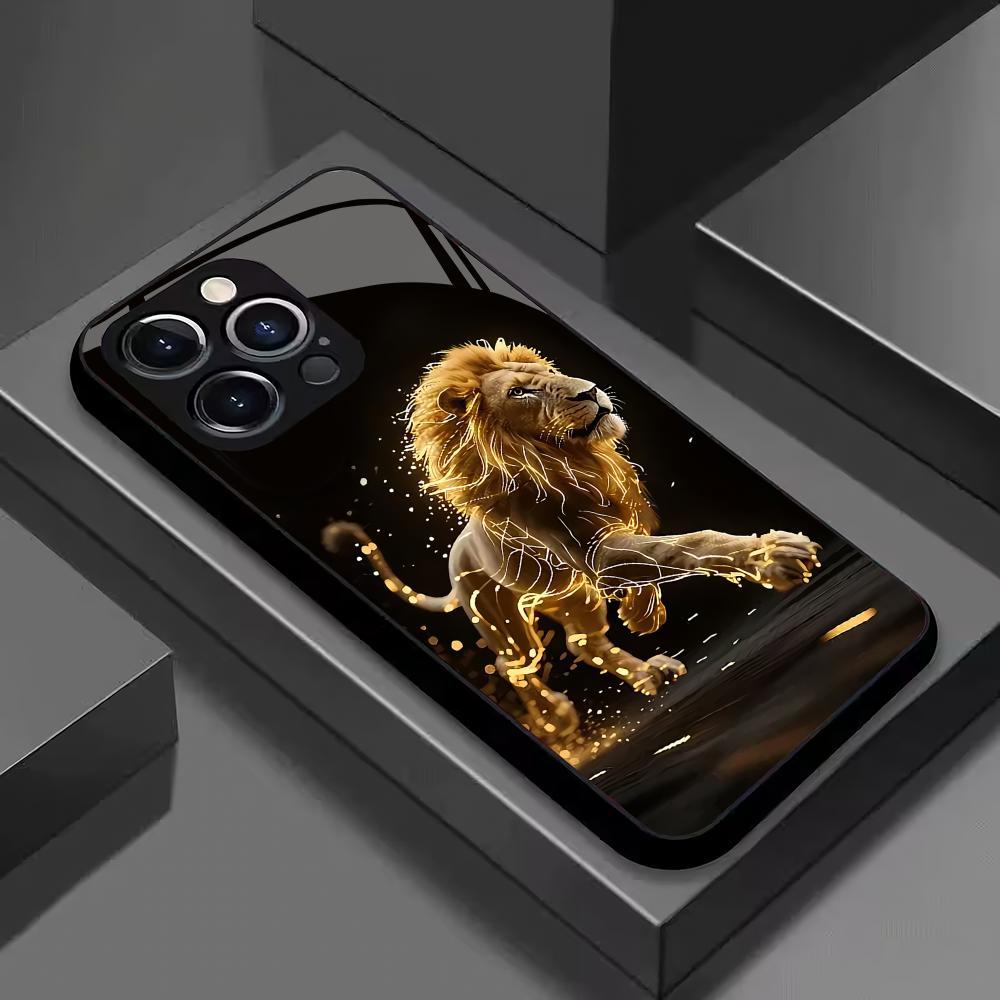 Goldenes Löwenmuster gehärtetes Glas Handyhülle geeignet für iPhone 17 16 15 14 13 12 11 Pro/Max/Plus sturzsichere Rückabdeckung