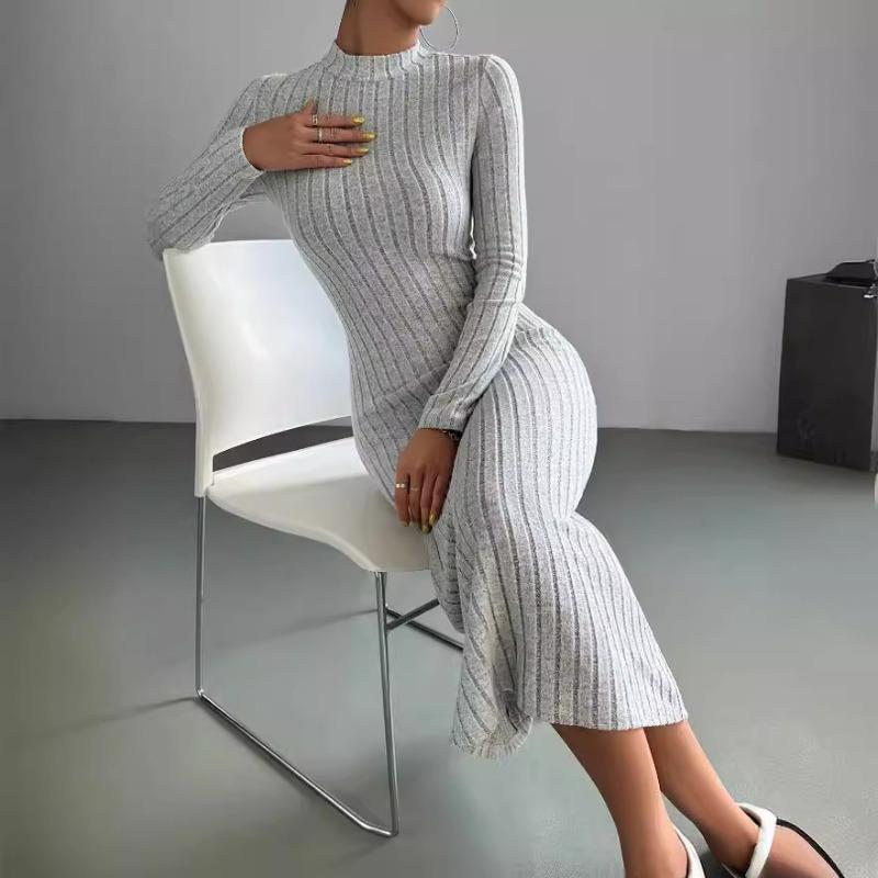 Høst Vinter Dame Ribbestrikket Kjole Elegant Chic Mote Langermet O-hals Slim Korsett Bodycon Kjole Streetwear