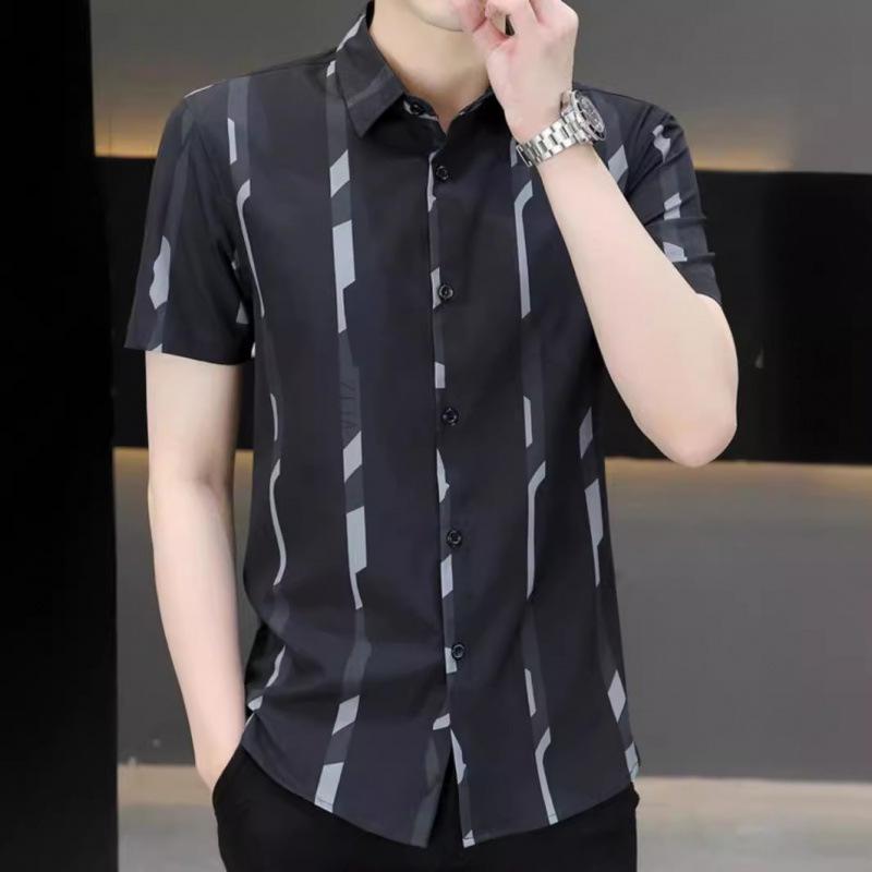 

Men Short Sleeve Button Down Shirt Geometric Print Solid Color Slim Fit Casual Top M чорний