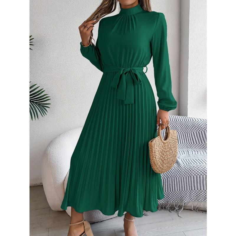 Autumn and winter elegant stand-up collar long-sleeved waist pleated long skirt, fashionable temperament small dress ladies dress