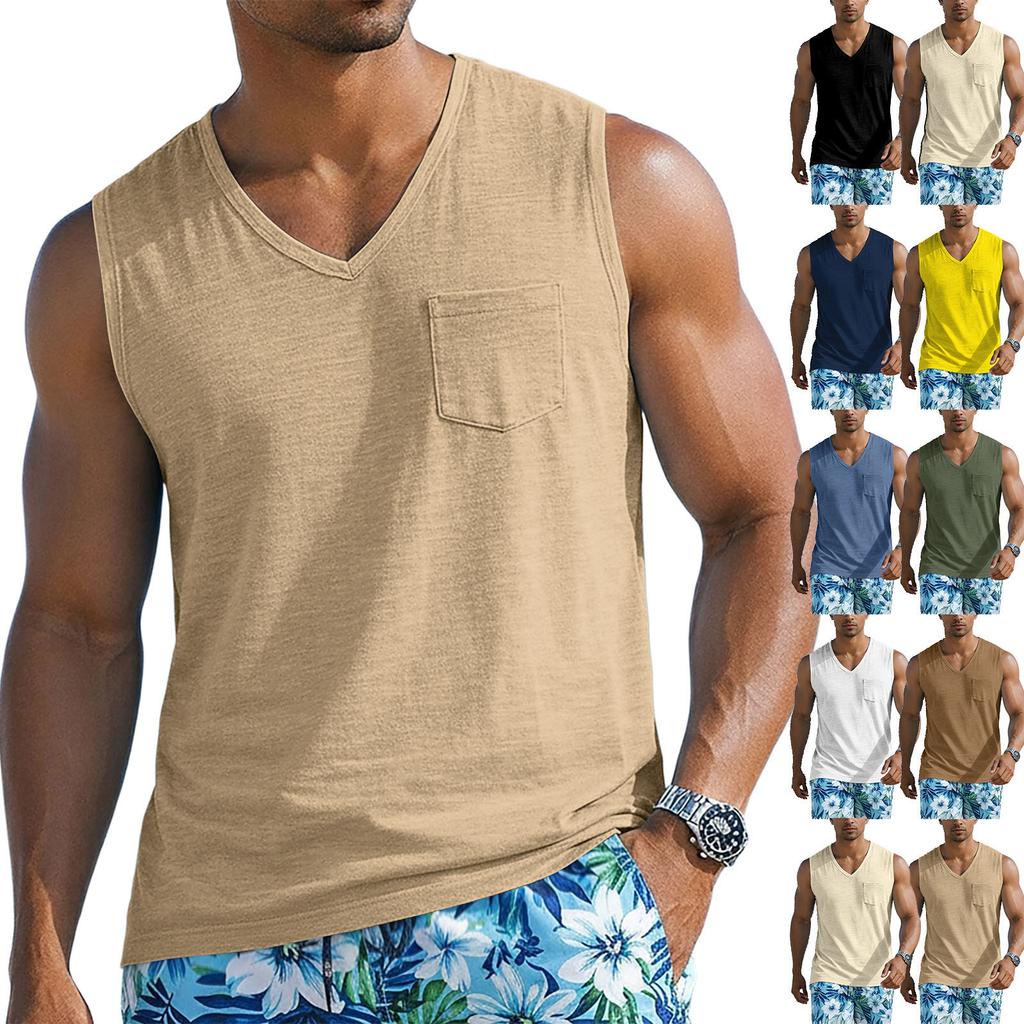 Men's Athletic Casual Sleeveless Tank Top with Wide Shoulder Straps and Chest Pocket Lightweight Summer Shirt for Outdoor Activities