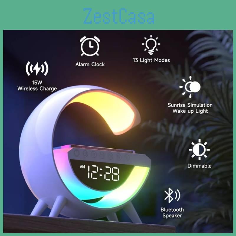 Stylish Bluetooth Speaker With Wireless Charging Versatile Night Light And Alarm Clock For Home Use
