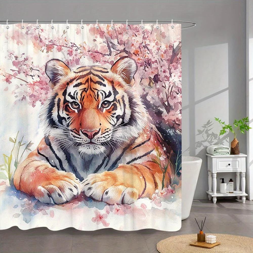 1pc Majestic Tiger & Cherry Blossom Shower Curtain - 70x70 Inch, Orange Black Stripes, Green Eyes, Pink Flowers, Watercolor Styl
