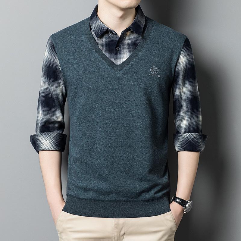 

Мужская рубашка с длинным рукавом, осень и зима, новая, для молодежи и среднего возраста, деловая, поддельная, из двух частей, футболка для отдыха, свободный наряд для папы XXL