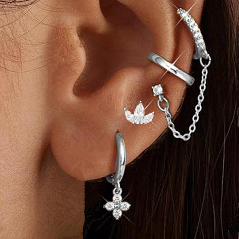 4PCS Double Piercing Chain Huggie Hoop Earring Lot For Women Tragus Stud Earrings Flower Cartilage Helix Jewelry Lobe Earing Set