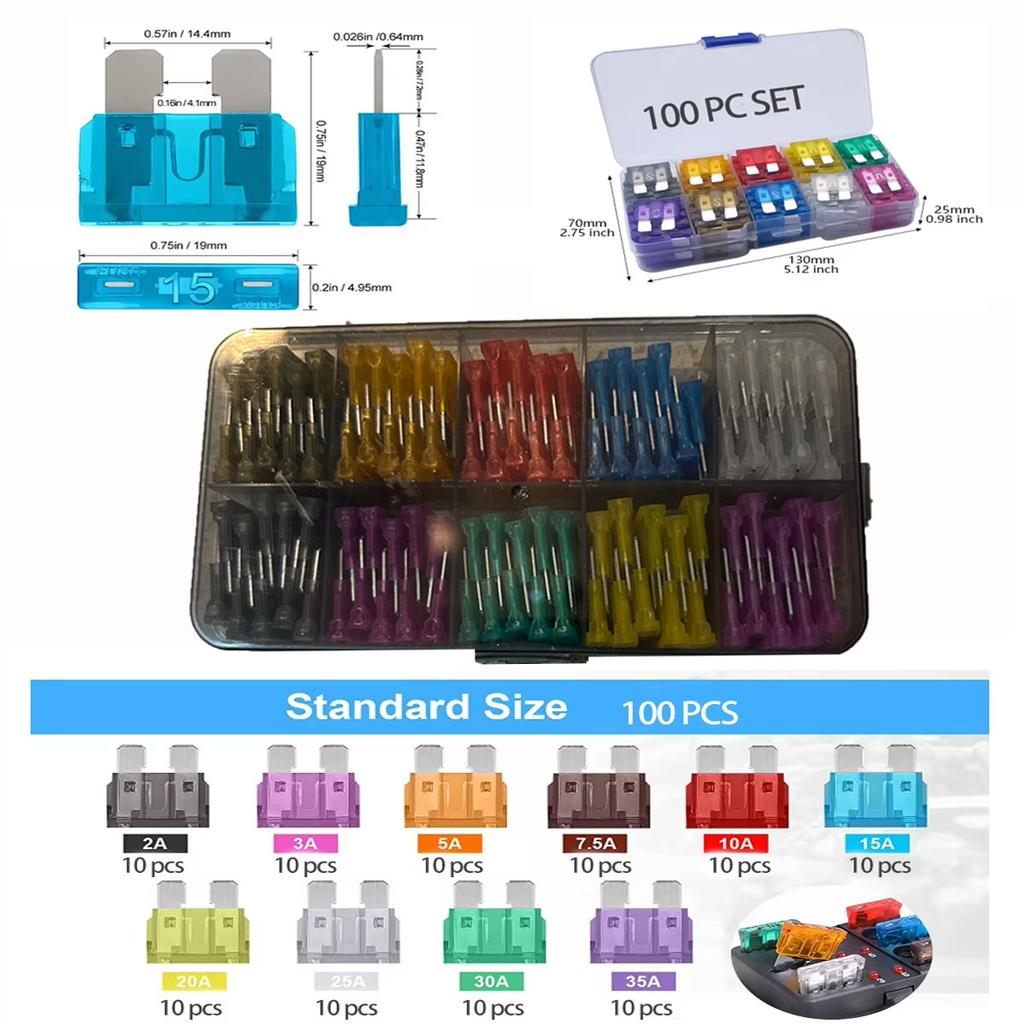 100pcs Standard Car Fuses 2A 3A 5A 7.5A 10A 15A 20A 25A 30A 35A Free Matching Choice Car Fuses Blade Fuses for RV/Truck/SUV