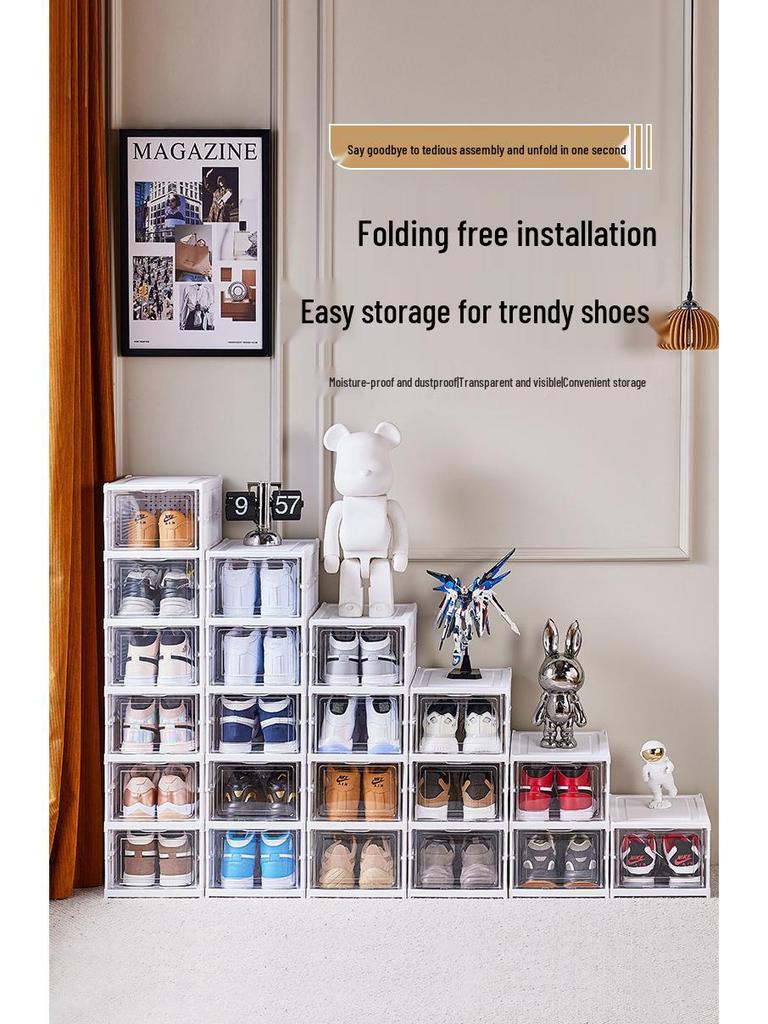 Transparent Foldable Shoe Storage Box - Space-Saving Organizer & Sneaker Rack, No Installation Required