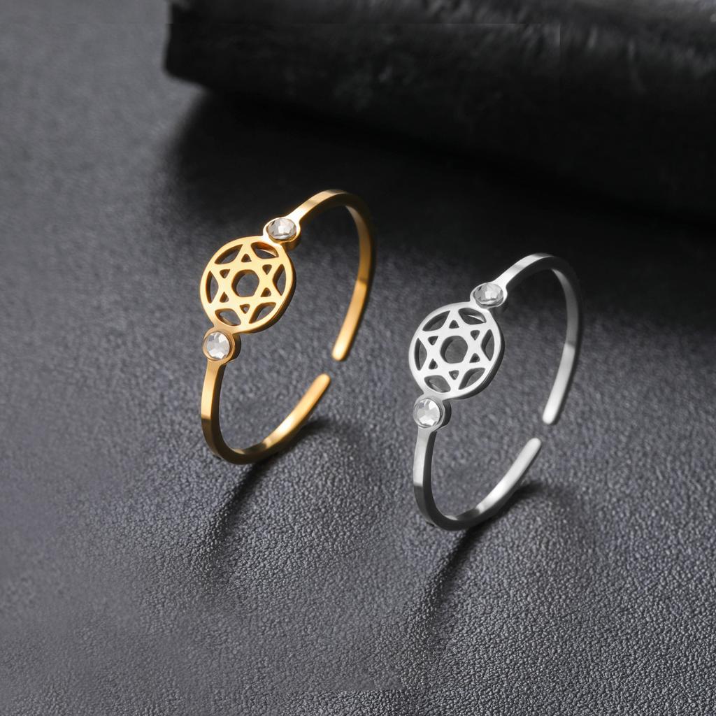 Hollow Star Of David Open Ring With Star Shaped Diamond Accents Fashion Versatile Elegant Jewelry Accessory