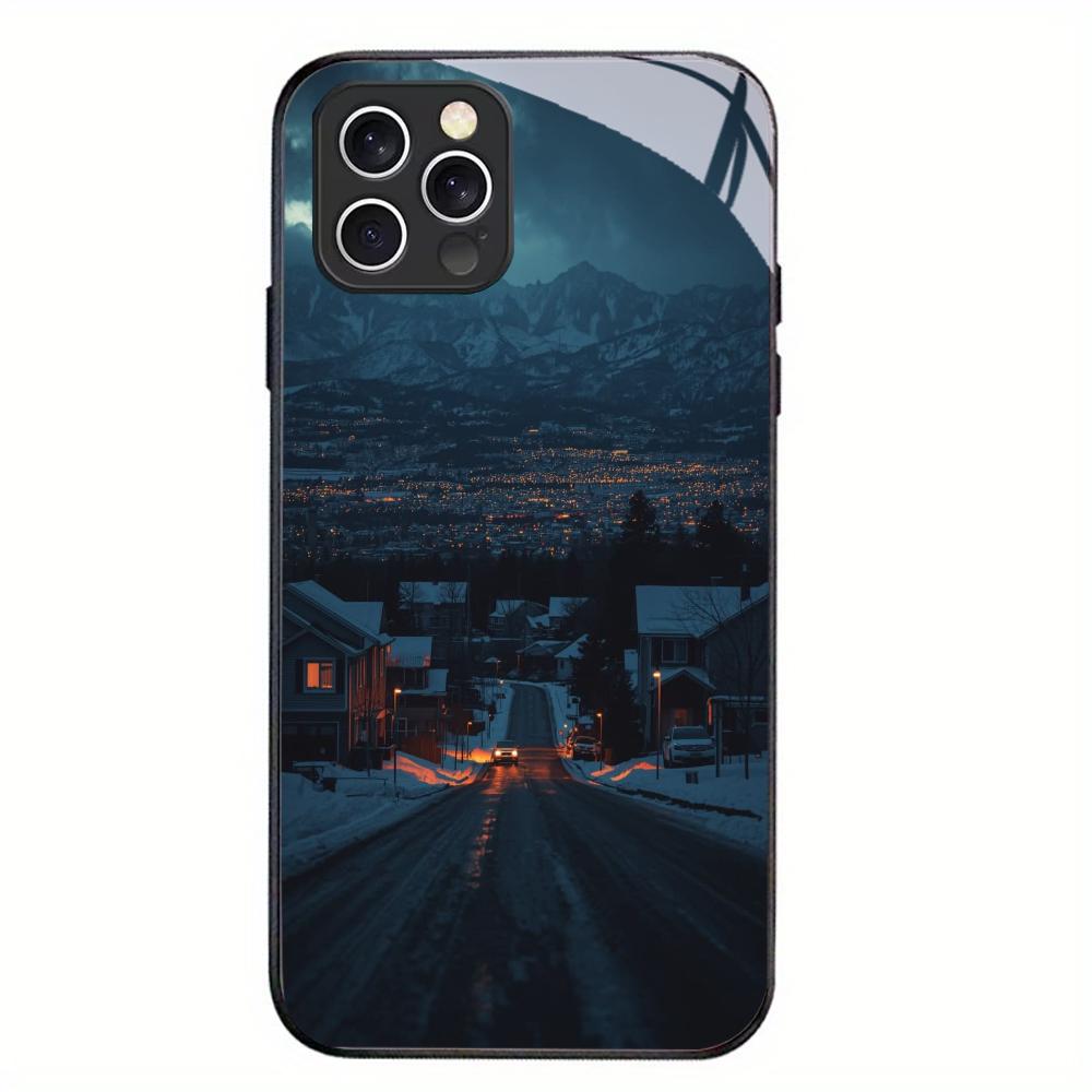 Winterabend Schnee Szenerie Glas Handyhülle für iPhone 17 16 15 Pro Max 14 Plus 13 12 11 Anti-Fingerabdruck Schutzhülle