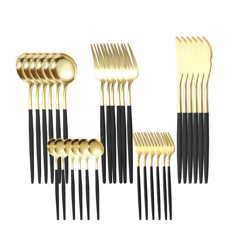 30 Pcs Black Gold Cutlery Set Chopsticks Knife Fork Spoon Golden Stainless Steel Korean Dinnerware Set Luxury Tableware Set