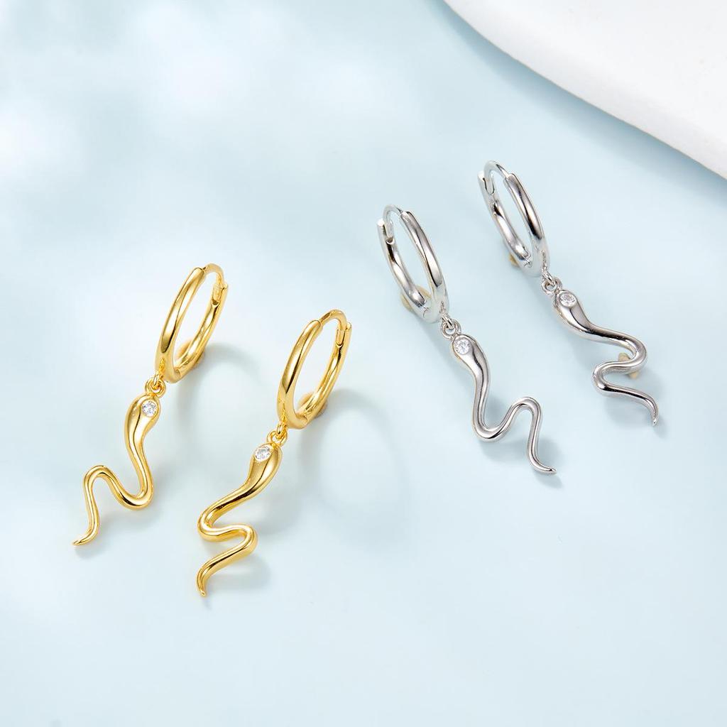 S925 Sterling Silver Snake Zodiac Stud Earrings, Light Gold, Sweet & Cool Niche Design.
