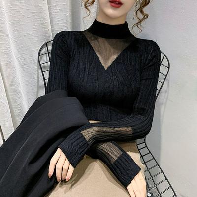 Black Lace Autumn Winter Inner Turtleneck Thin Sweater Women's Outer Wear Fashion Knit Base Layer Top Trendy