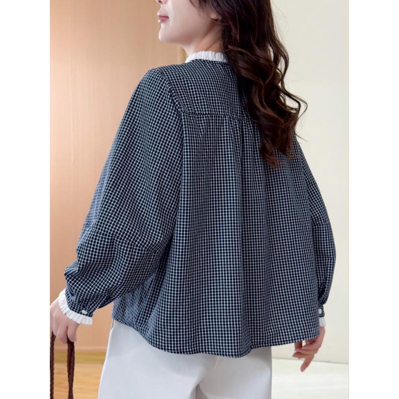 Spring 2026 Women's Artistic Lace-Trim Plaid Doll Shirt - Loose Casual Slimming Top