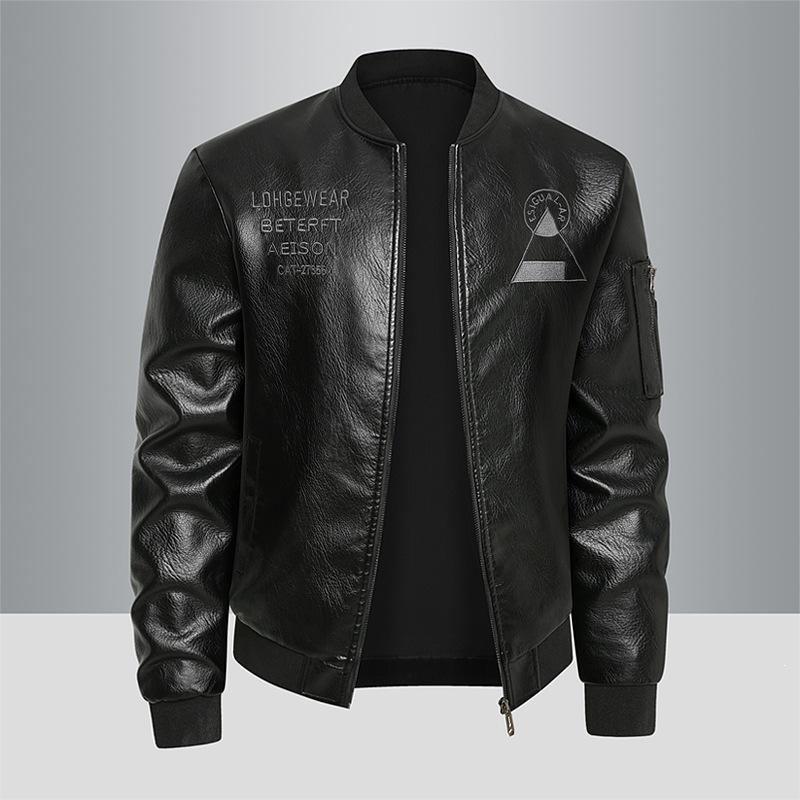 Large size men's leather jacket spring and autumn young men's leather jacket trend embroidered middle-aged men's leather jacket
