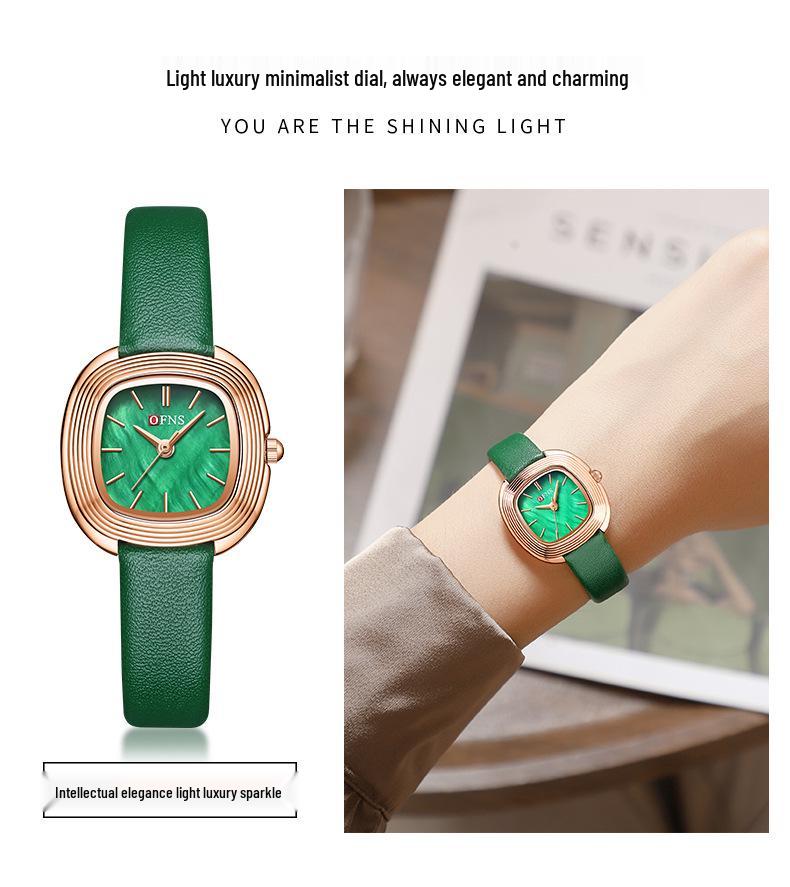 OFNS Women's Fashionable Lightweight Waterproof Quartz Watch with Small Leather Strap and Square Dial