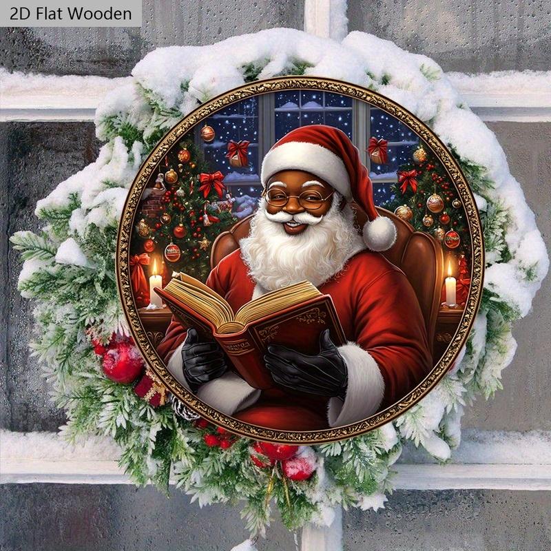 Schwarzer Weihnachtsmann Holzweihnachtsschild - Navidad Rundes Schild für Hof, Tür, Wandbehangdeko - Ideale Weihnachtsdekoration