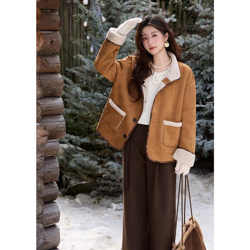 MiXiu Suede Lamb Wool Reversible Plaid Coat S