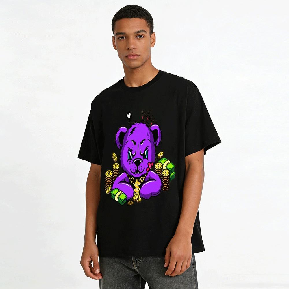 Lila Reicher Bär Druck Streetwear Unisex Locker Lässiges T-Shirt Reines Baumwoll-T-Shirt
