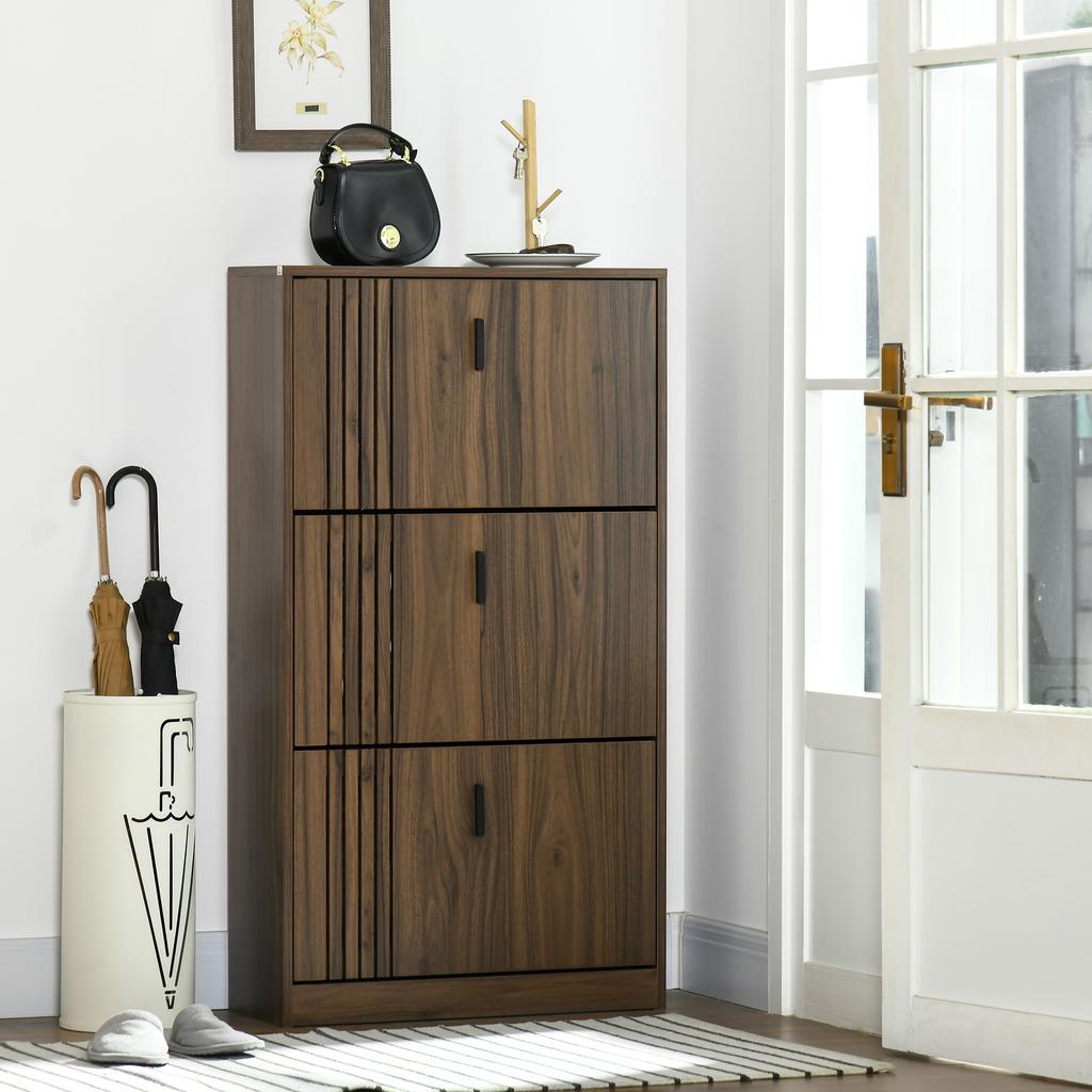 Schuhschrank, 3 Klapptüren, Platz für 18 Paar, 63x24x117cm, Dunkle Walnuss