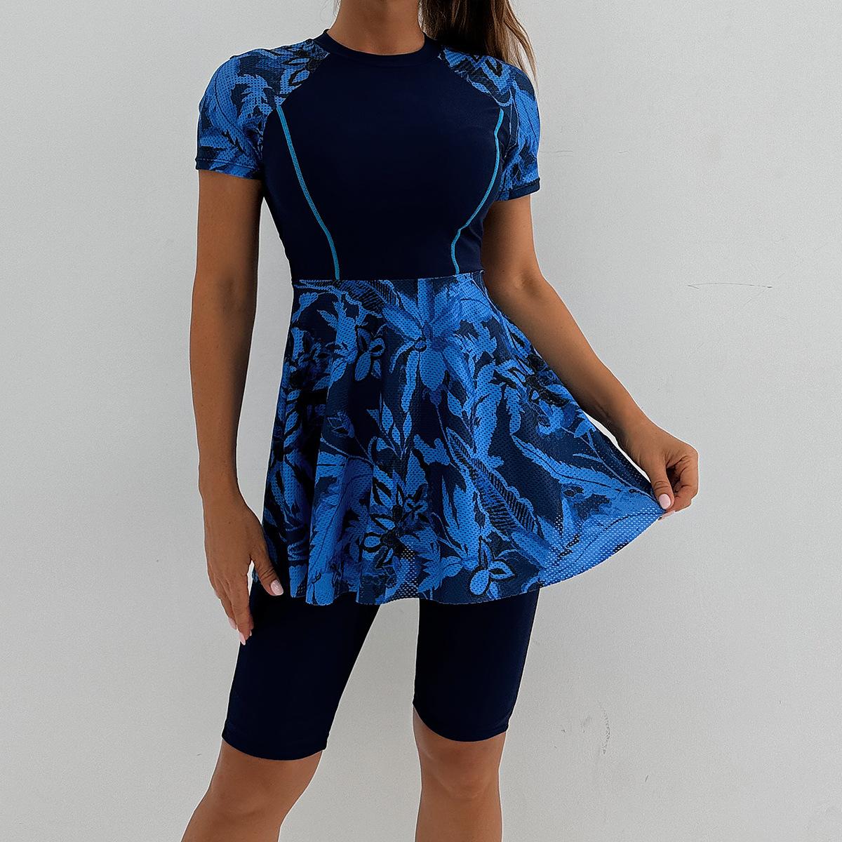 

Новый раздельный купальник женский консервативный европейский и американский спортивный купальник с коротким рукавом юбка купальник с принтом XL