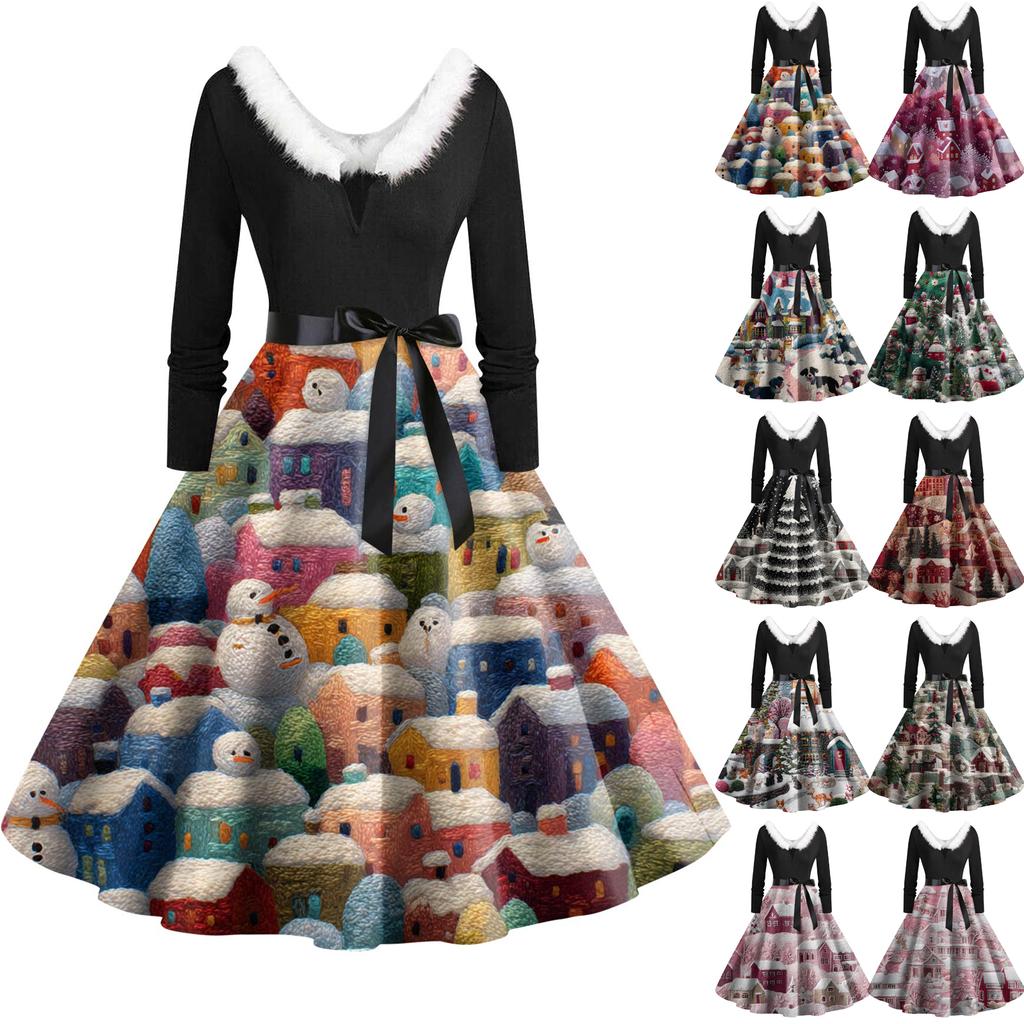 Women's Fashion Round Neck Casual Slim Christmas Printed Long Sleeve Dresses