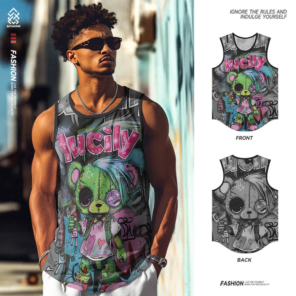 Summer Round Neck 3D Cartoon Pattern Printed Top Fashionable Casual Sleeveless Vest Men's T-shirts