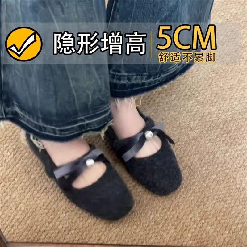 Gray single shoes femininity inner height increase small fragrance gentle pearl Mary Jane shoes bow retro