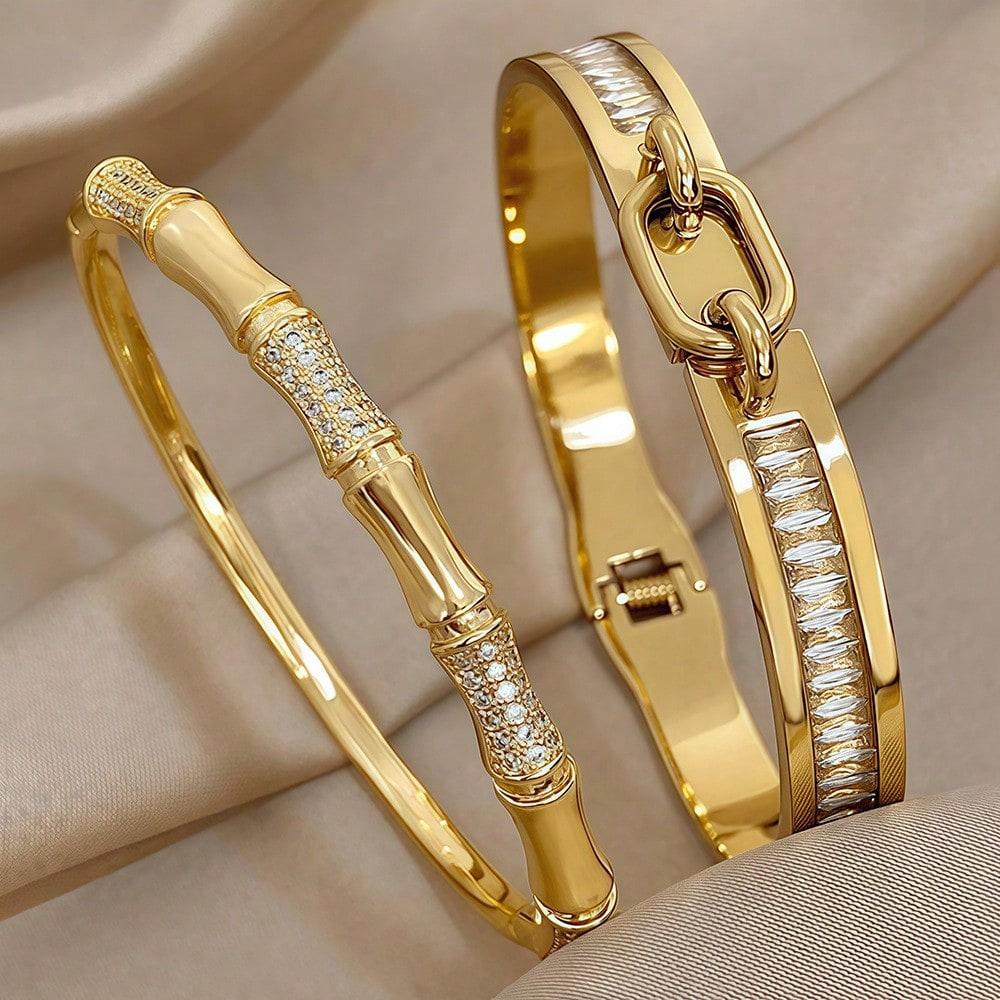 Fashion classic shiny decorative bamboo design bracelet gold-plated light luxury open bracelet