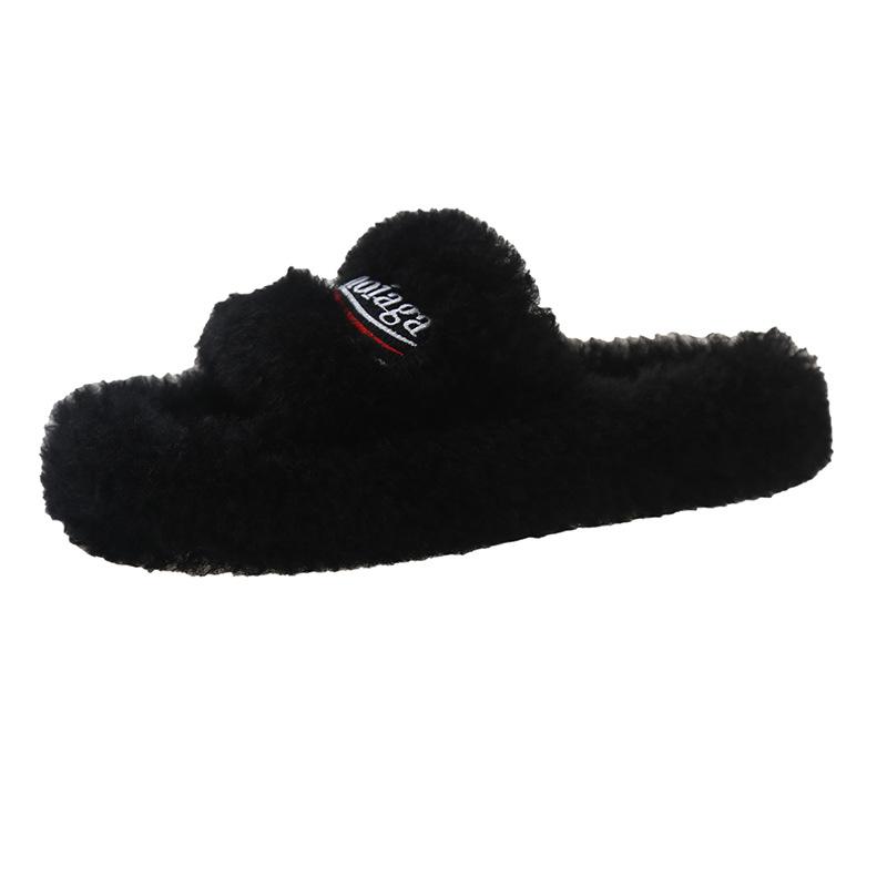 

Тапочки Mao Mao, женская верхняя одежда 2025 года, новые вышитые буквы, толстая подошва, осенне-зимние тапочки из овечьей шерсти с плоским дном и одним словом 35 чёрный