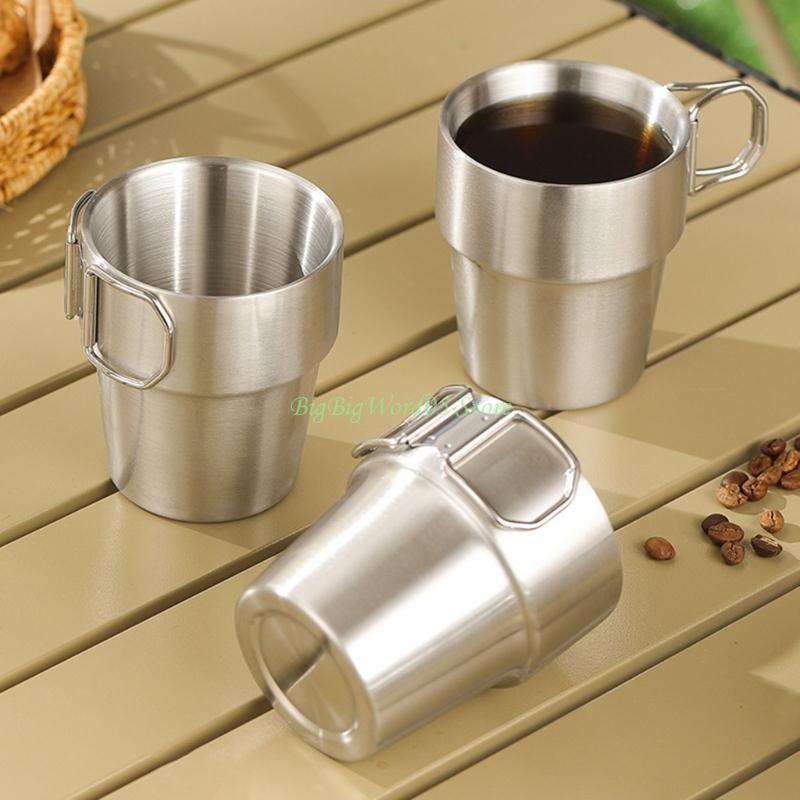 

24TE Double Walled Metal Camping Mugs With Foldable Handle 300ml Capacity Tumblers CN