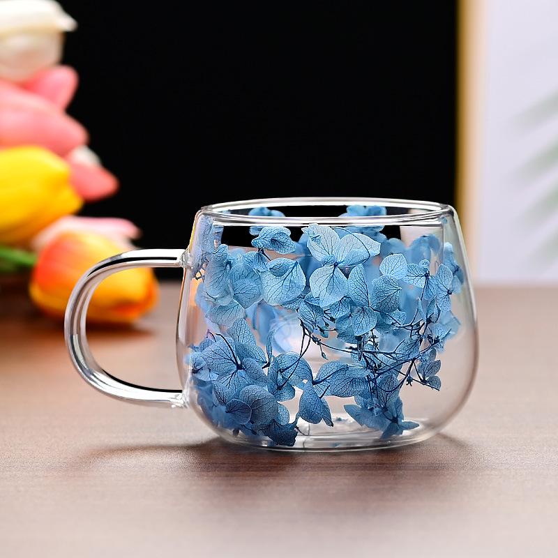 Getrocknete Blume doppelwandige Glas-Kaffeetasse, Einfache dicke Tasse mit Anti-Verbrühungs-Rand, Milchtasse, Umweltfreundlich, Hitzebeständig