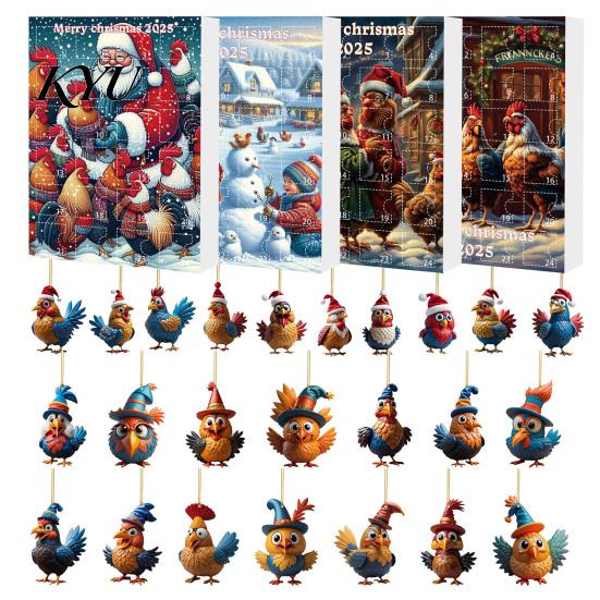Versatile Hanging Ornaments for Doors Windows Chicken Advent Calendars 2025, 24 Days 2D Flat Animal Ornament Christmas Fun Holiday Party Favors
