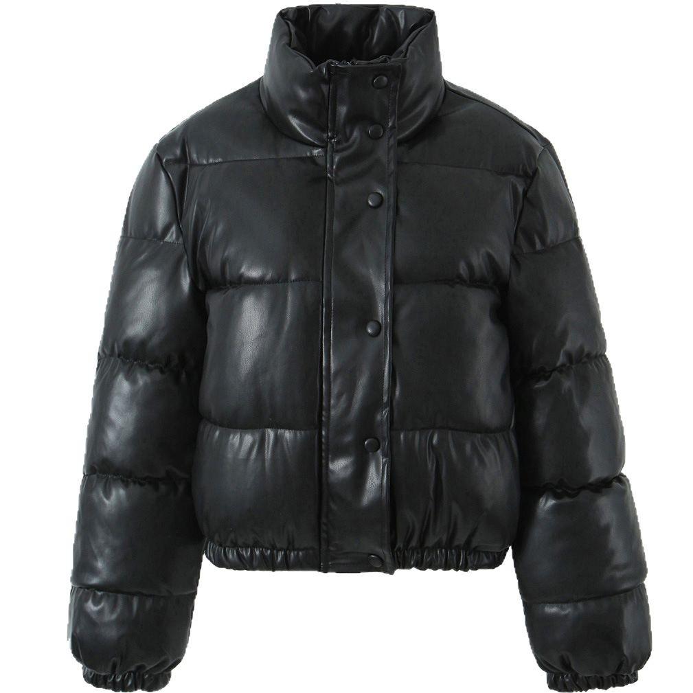 Trendy Cotton PU Leather Jacket for Women - Short, Thick, Loose Fit