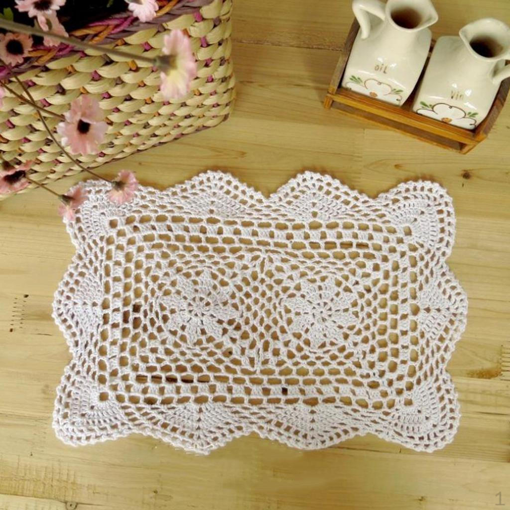 2pcs Placemat Lace Knitted Cotton Rectangle White Plate Holder Cup Pot Coaster Glass Mat