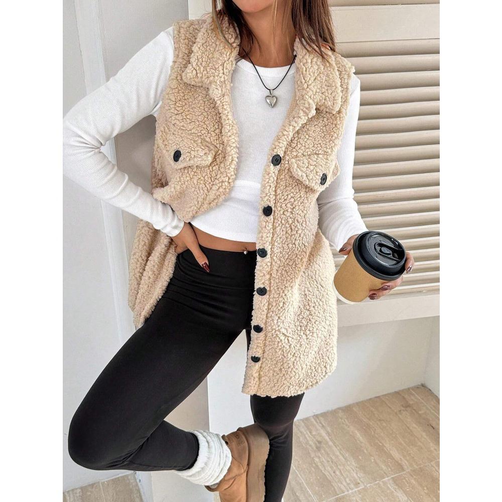 Women's Lapel Sleeveless Vest Oversized Fit Solid Color Single Button Pocket Winter Fleece Gilet