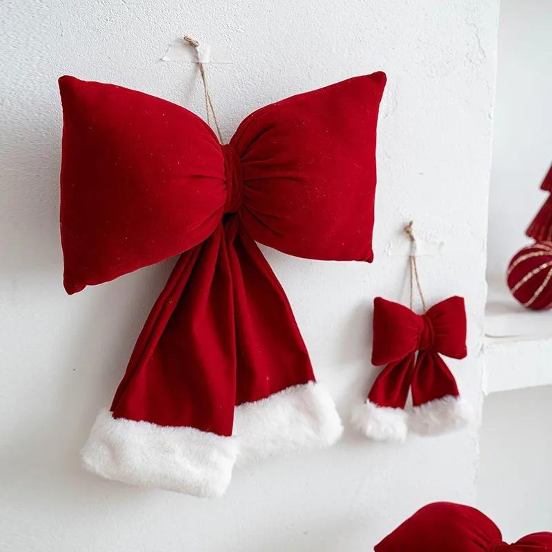 Plush Christmas Bow Knot Hanging Ornaments DIY Xmas Tree Decorations Holiday Home Party Baubles Pendant Christmas Bows