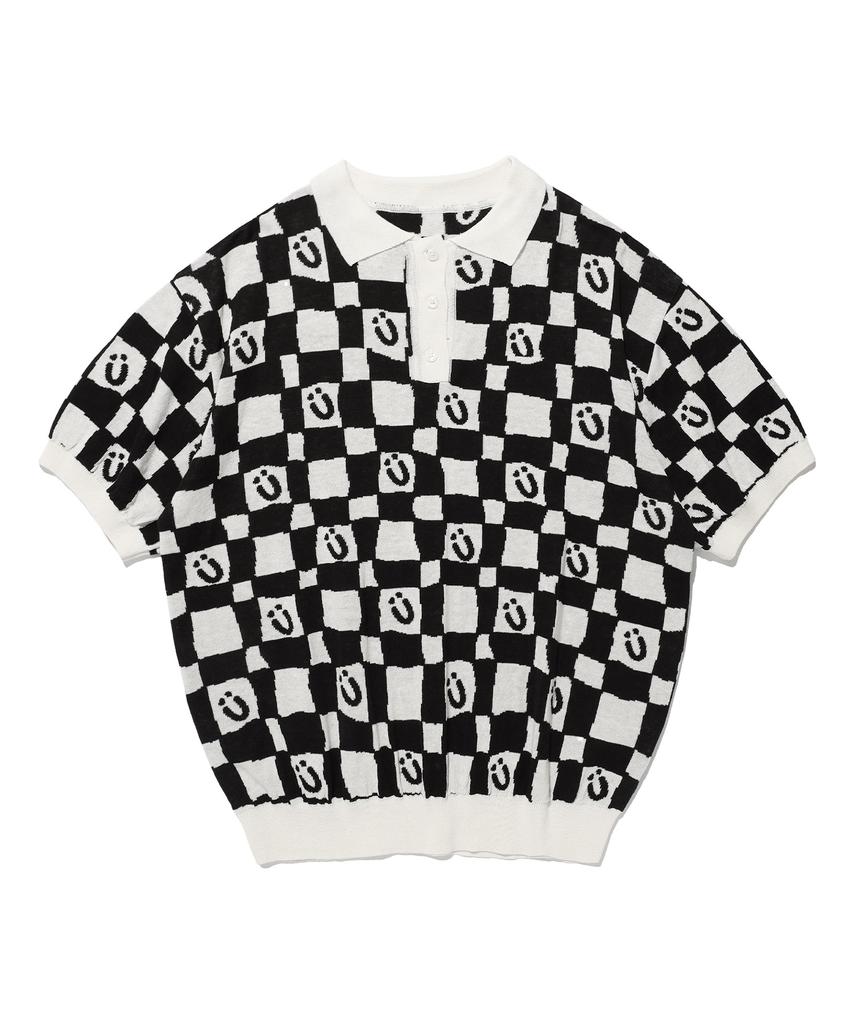 ISTKUNST Checkerboard Smiley Collar Half Knit_Black(Ik2Dmmk641A)
