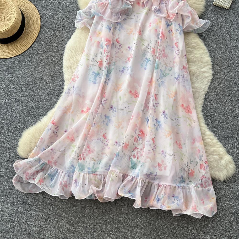 French Holiday Style Floral Temperament Dress Women's Summer Sleeveless Ruffle Edge Thin Temperament Long Dress