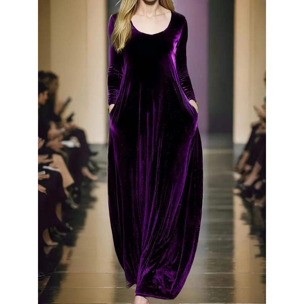 Herbst/Winter Samt Langkleid Rundhalsausschnitt Langarm Große Präsentation Elegantes Samtkleid