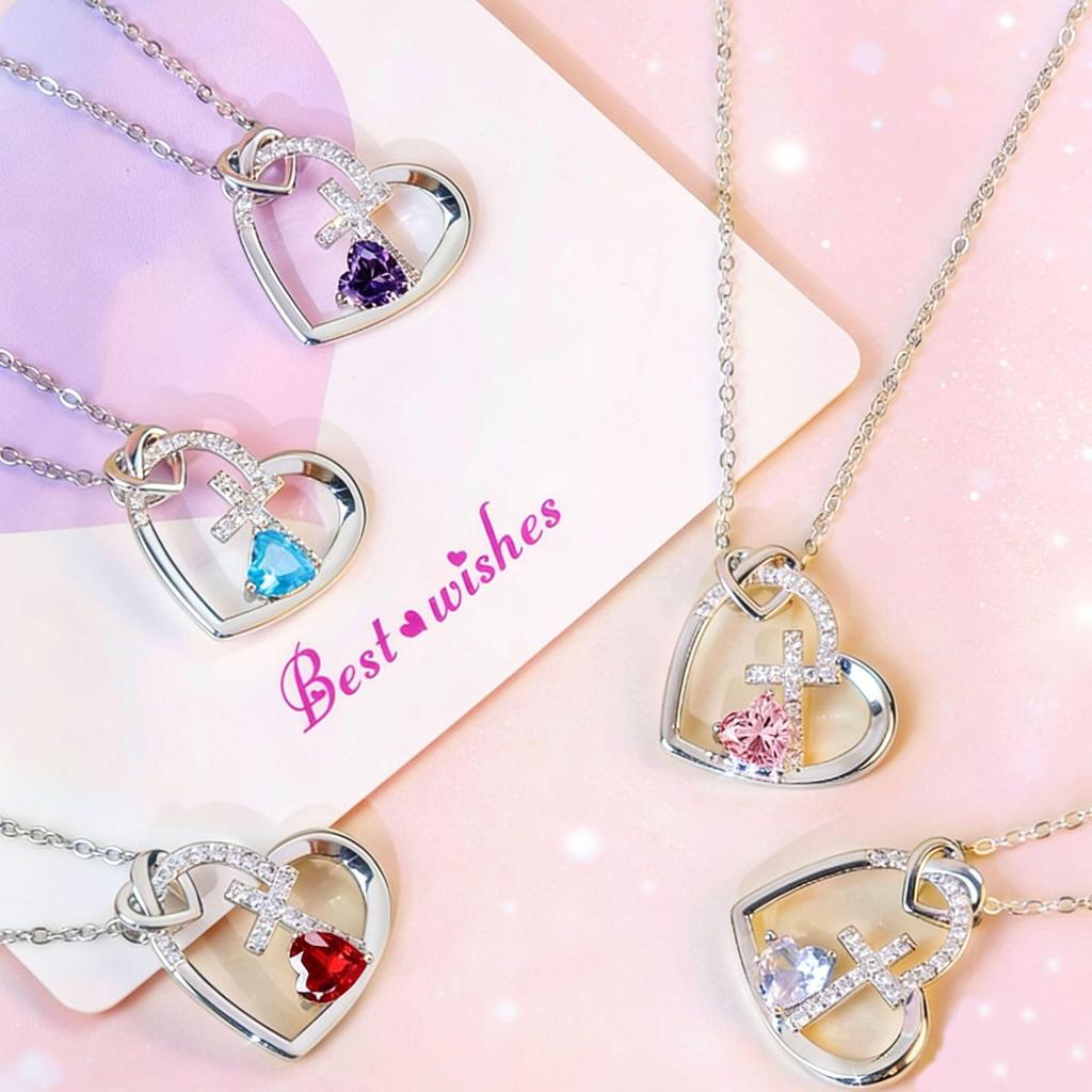 Heart Cross Pendant Birthstone Necklace: European & American Fashion Jewelry Gift