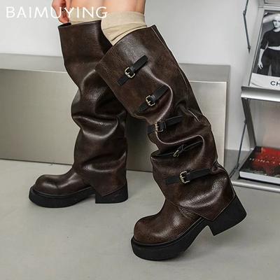Leather Chunky Fashion Women High Boots Mid Heels Buckle Shoes Designer Knee High Motorcycle Boots Winter 2024 Trend Botas Mujer