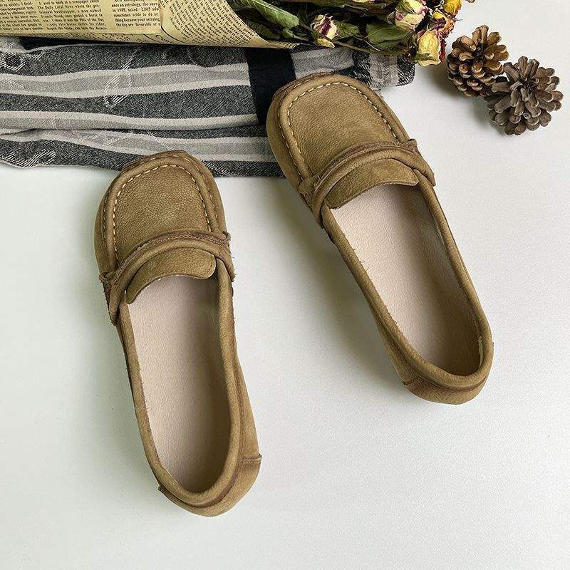 Beef tendon soft sole soft leather single shoes women's 2025 spring and autumn matte leather low heel beanie shoes soft surface mother shoes
