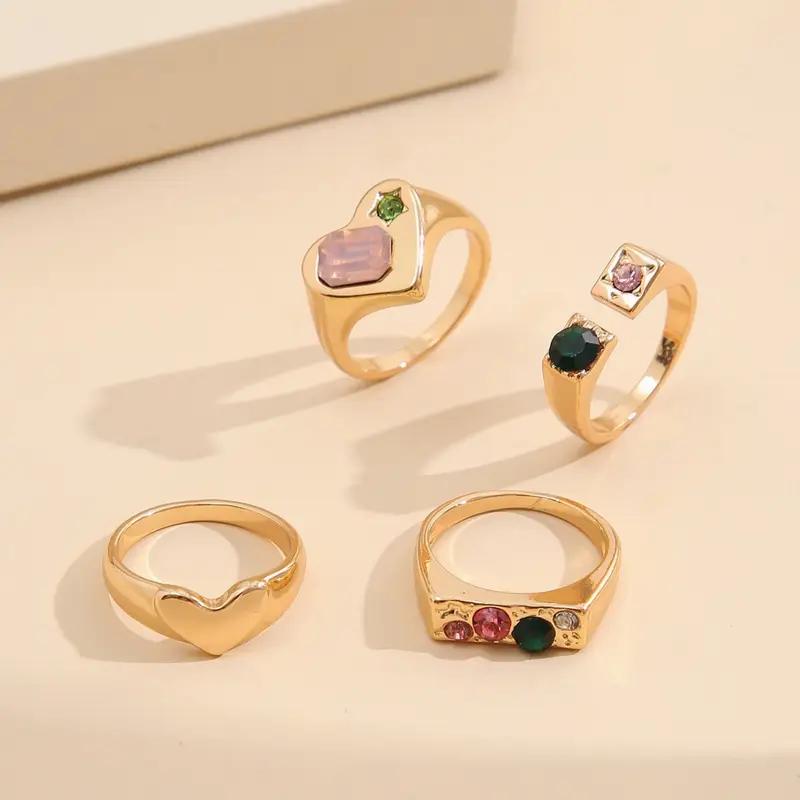 4PCS Vintage Purple Crystal Rings for Women Gold Color Metal Rings Set Snake Fashion Jewelry Female Designer Minority Gifts