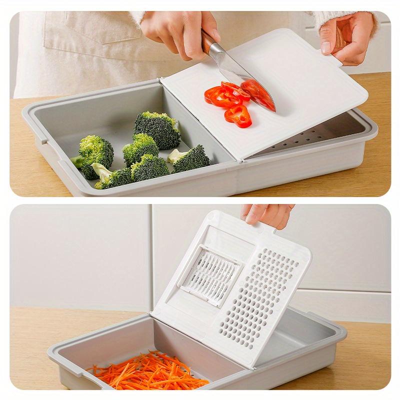6 in 1 Multi Functional Kitchen Cutting Board with Stainless Steel Slicer, Draining Basket , BPA Free Plastic, Dishwasher Safe, Non-Slip Base